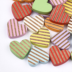Cabochons en bois naturel peint, coeur avec bande, couleur mixte, 19x20.5x5mm