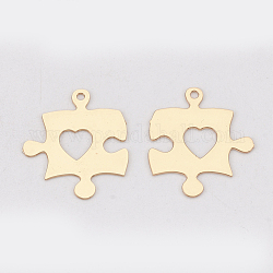 Brass Pendants, Etched Metal Embellishments, Long-Lasting Plated, Puzzle with Heart, Light Gold, 15x13x0.3mm, Hole: 1mm
