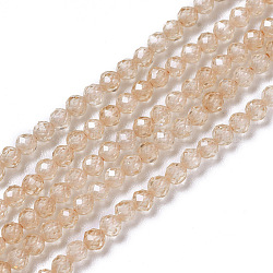 Perles de zircon cubique, facette, ronde, bisque, 1.5~2x2mm, Trou: 0.2mm, Environ 178~186 pcs/chapelet, 15~15.5 pouce (37.5~38.5 cm)