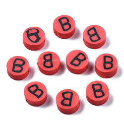 Manuell Polymer Ton Perlen, flach rund mit Alphabet, rot, letter.b, 9x3.5~5 mm, Bohrung: 1.6 mm