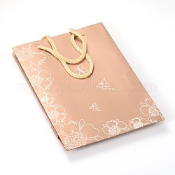 Sacs en papier carton rectangle fleur et papillon, sacs-cadeaux, sacs à provisions, avec poignées en corde de nylon, burlywood, 15x11x6 cm