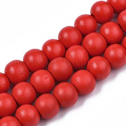 Painted Natural Wood Beads Strands, Round, Red, 10x8~9mm, Hole: 2~3mm, about 41~42pcs/strand, 13.98 inch~14.61 inch(35.5~37.1cm)