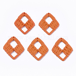 アクリルパーツ  模造ラタン編み風  菱形  サンゴ  48.5x39x4~4.5mm  穴：1.8mm
