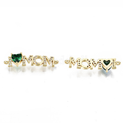 Real 16K Gold Plated Brass Micro Pave Cubic Zirconia Links Connectors, for Mother's Day, Cadmium Free & Nickel Free & Lead Free, Heart with Word Mom, Green, 6x27x6mm, Hole: 1.2mm