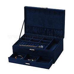 Boîtes à bijoux en velours et bois, étui de rangement de bijoux portable, avec serrure en alliage, pour collier de boucles d'oreilles, rectangle, bleu de Prusse, 27.3x19.5x10.3 cm