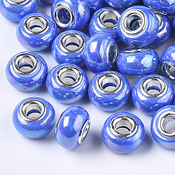 Undurchsichtiges Harz europäische Perlen, Großloch perlen, Nachahmung Porzellan, mit Platin-Ton Messing Doppeladern, AB Farbe, Rondell, Blau, 14x9 mm, Bohrung: 5 mm