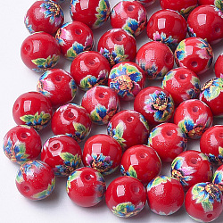 Perles de verre imprimées et peintes au pistolet, ronde avec motif de fleurs, rouge, 8~8.5x7.5mm, Trou: 1.4mm