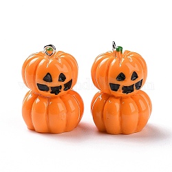 Pendentifs en résine opaque d'halloween, breloques citrouille jack-o'-lanterne, avec boucles en fer couleur platine, orange foncé, 27x19.5x20mm, Trou: 2mm
