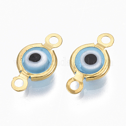 Conectores de enlaces de murano de ojo malvado hecho a mano, con 304 fornituras de acero inoxidable, plano y redondo, dorado, azul claro, 12.5x7x2.5mm, agujero: 1.5 mm