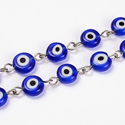 Handmade Lampwork Flat Round Evil Eye Beads Chains for Necklaces Bracelets Making, with Iron Eye Pin, Unwelded, Blue, 39.3 inch