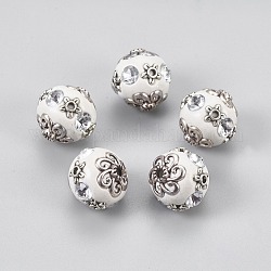 Perline  indonesia fatto a mano, con strass di cristallo e reperti in metallo, tondo, argento antico, bianco, 15.5~17x16~17mm, Foro: 2 mm