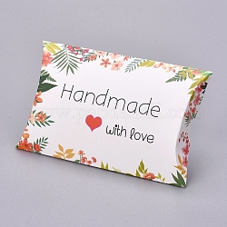 Cajas de almohadas de papel, Caja de embalaje de dulces de regalo, patrón de flores y palabra hecha a mano con amor, blanco, Caja: 12.5x7.6x1.9 cm, desplegar: 14.5x7.9x0.1cm