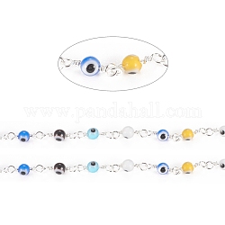 Handmade Evil Eye Lampwork Round Beaded Chains, with Brass Findings, Unwelded, Spool, Long-Lasting Plated, Real 18K Gold Plated, Colorful, 12.5x2.8x4x1.5mm, Beads: 4mm, about 32.8 Feet(10m)/roll