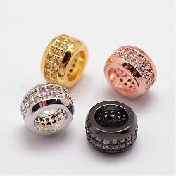 Ottone micro spianare perline europei zirconi, rondelle, perline con foro grande,  piombo & nichel libero, colore misto, 8x4.5mm, Foro: 5 mm