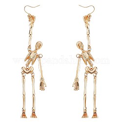 Pendientes colgantes de esqueleto de aleación, pendientes largos góticos de halloween para mujeres y hombres, dorado, 141mm, pin: 0.8 mm