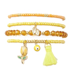 4 pièces 4 styles mauvais œil thème de la saint-valentin alliage émail et polycoton (polyester coton) gland bracelets à breloques ensemble, Bracelets extensibles de perles en verre, jaune, diamètre intérieur: 2-1/8 pouce (5.4 cm), 1pc / style