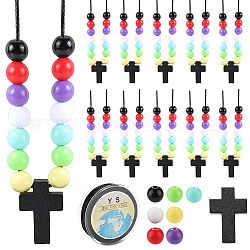 SUNNYCLUE 150Pcs Wood Cross Charms Necklace Making Kit 10Pcs Small Black Cross Charms 140Pcs 8mm Colorful Assorted Acrylic Round Beads Bulk 20Yards Waxed Polyester Cords for Jewelry Making Kits
