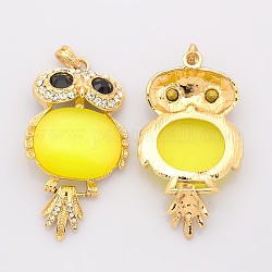 Cat Eye Owl Big Pendants, with Rhinestones and Golden Tone Brass Findings, Yellow, 66x36x9mm, Hole: 7x4mm