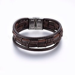 Bracelets multi-rangs avec cordon en cuir, avec fermoir en 201 acier inoxydable, rectangle, brun coco, couleur inoxydable, 8-5/8 pouce (22 cm), 4~22x4~7mm