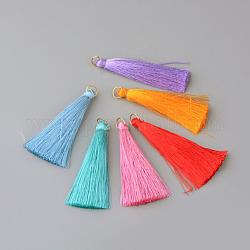 Nylon Thread Tassel Pendants Decoration, with Brass Findings, Golden, Mixed Color, 35x7mm, Hole: 7mm