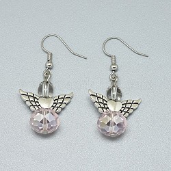 Glass Beads Dangle Earrings, with Tibetan Style Alloy Wing Beads and Brass Earring Hooks, Pink, 42mm, Pin: 0.4mm