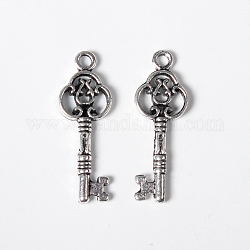 20Pcs Antique Silver Skeleton Key Tibetan Style Pendants, Lead Free & Nickel Free, 28x10x3mm, Hole: 2mm