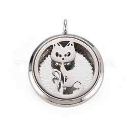 Alloy Diffuser Locket Pendants, with Stainless Steel Cover and Magnet, Magnetic, Cadmium Free & Nickel Free & Lead Free, Flat Round with Cat, Platinum, 36x30x6.5mm, Hole: 3.5mm, Inner Diameter: 23mm