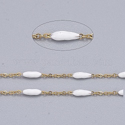 Handmade Enamel Beaded Chains, with Stainless Steel Curb Chains and Spool, Soldered, Long-Lasting Plated, Golden, White, 1.5x1x0.1mm, about 32.8 Feet(10m)/roll