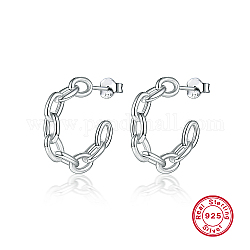 Rhodium Plated 925 Sterling Silver Ring Stud Earrings, Half Hoop Earrings, with 925 Stamp, Platinum, 27x6.2mm