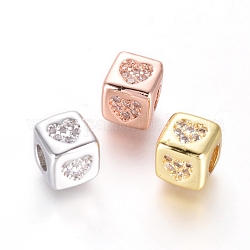 Perline in ottone, con zirconi micro pave, cubo con cuore, chiaro, colore misto, 6x6x6mm, Foro: 3 mm