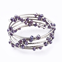Bracciali avvolgenti moda a cinque anelli, con perle di vetro rondelle, perle di ferro spacer, perline tubo di ottone e filo di acciaio di memoria, platino, porpora, 2 pollice (5.2 cm)