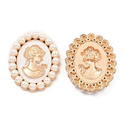 Cabochons en alliage de zinc émaillé, avec des perles d'imitation en plastique, ovale avec une femme, or clair, blush lavande, 53x42x7.5mm