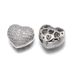 Filigrana cuore in ottone micro pavé di perle di zirconia cubica,  piombo & nichel & cadmio libero, Vero platino placcato, 13x14x9mm, Foro: 2x3 mm