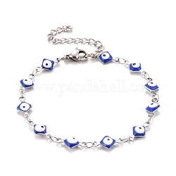 Emailleraute mit Armband aus Gliederketten mit bösem Blick, 304 Edelstahlschmuck für Damen, Edelstahl Farbe, Blau, 6-5/8 Zoll (16.8 cm)