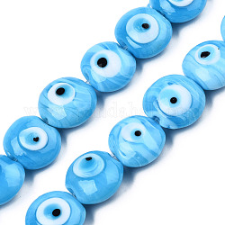 Chapelets de perles vernissées manuelles, plat rond, bleu profond du ciel, 14~16x16~17x8.5~9mm, Trou: 1mm, Environ 25 pcs/chapelet, 14.96 pouce (38 cm)