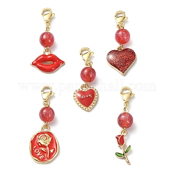 Pendentifs décoratifs en alliage d'émail pour la saint-valentin, avec perles rondes en résine et fermoirs mousquetons en acier inoxydable, formes mixtes, rouge, 37~46mm
