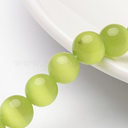 Cat Eye Beads, Round, Yellow Green, 10mm, Hole: 0.8mm, about 39pcs/strand, about 15 inch/strand