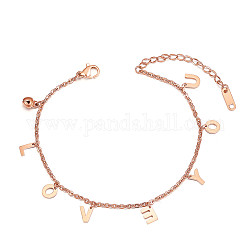 SHEGRACE Valentine's Day Theme, Titanium Steel Charm Anklets, with Cable Chains and Lobster Claw Clasps, Bell and Word LOVE YOU, Rose Gold, 7-7/8 inch(20cm)