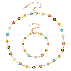 Anattasoul 2 pièces 2 style émail marguerite fleur lien chaîne bracelet & collier, ensemble de bijoux en laiton doré clair pour femme, colorées, 6-7/8 pouce (17.5 cm), 14.96 pouce (38 cm), 1pc / style