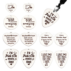 Arricraft 12 Stück 3 Stile Gitarrenplektrum-Anhänger aus Edelstahl, Herz-/Rund-/Gitarrenplektrum-Metallanhänger mit Wortanhängern für Halskette, Armband, Rockmusik-Accessoires, Schlüsselanhänger