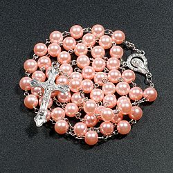 Collana con perle di rosario in plastica imitazione perla per Pasqua, collana con pendente croce crocifisso in lega con catene di ferro, salmone chiaro, 27.56 pollice (70 cm)