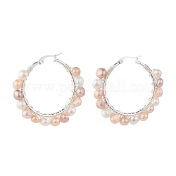 Aretes de aro con cuentas envueltos en alambre de perla natural para mujer, plata, color de concha, 42x45x8mm, pin: 0.8 mm