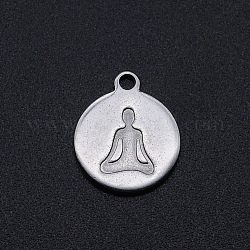 For Chakra, 201 Stainless Steel Charms, Flat Round with Yoga, Stainless Steel Color, 14x12x1mm, Hole: 1.4mm