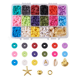 Kits de conjuntos de joyas de diy, incluyendo cuentas de heishi de arcilla polimérica hechas a mano, Cuentas de concha de cowrie, Abalorios de acrílico, cuentas espaciadoras de latón y anillos de salto, Colgantes de la aleación, color mezclado