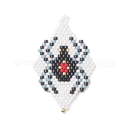 Handmade Loom Pattern Seed Beads, Rhombus with Spider Pendants, White and Black, 42x26.5x1.5mm, Hole: 1.5mm