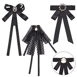 BENECREAT 3pcs 3 Styles Polyester Ribbon Bowknot Brooch, Rhinestone Flower & Imitation Pearl Bow Tie Neck Tie Lapel Pin for Women, Black, 155~215x95~152x15~21.5mm, 1Pc/style