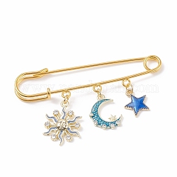 Broche étoile & lune & soleil breloque en émail, goupille de sécurité en fer pour sac à dos de vêtements, or, colorées, 45x76.5x5mm