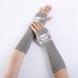 Fil de fibre de polyacrylonitrile tricotant de longs gants sans doigts, manchette, gants chauds d'hiver avec trou pour le pouce, motif crâne, gris clair, 295~330x80mm