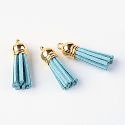 Décorations de pendentif pompon en daim, avec embouts de cordon en plastique ccb, bleu clair, 35~37x10mm, Trou: 2.5~3mm