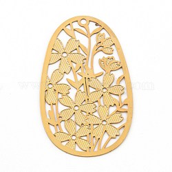 Латунные подвески, травленые металлические украшения, выдолбленный овал с цветком, золотые, 40x24x0.2 мм, отверстие : 1.6 мм